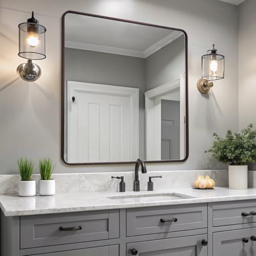 Image of ANDY STAR 36x36 Inch Bronze Bathroom Mirror, Rounded Square Oil Rubbed Bronze Mirrors for Bathroom,Tube Metal Framed, 1'' Deep Wall Mounted Vertically /Horizontal