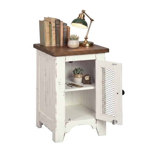 Signature Design by Ashley Wystfield Farmhouse Chair Side End Table with Cabinet Door for Storage, White & Brown with Distressed Finish
