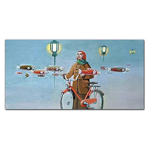 Tableau en verre 100x50cm salon decoration murale peinture femme velo