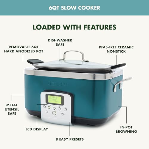 GreenPan Elite 8-in-1 Programmable 6QT Electric Slow Cooker, Dishwasher Safe Lid & Removable Crock, PFAS-Free Healthy Ceramic Nonstick Multi-Cooker, Sear, Sauté/Brown, Steam Basket, Roast, Deep Teal