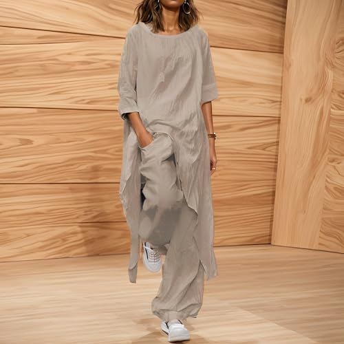 2 Piece Cotton Set for Women Long Sleeve Irregular Pullover Linen Shirt Fall Casual Wide Leg Pants Suit2