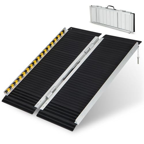 GOPLUS Rampa de Aluminio para Silla de Ruedas, Rampa Portátil con Placa de Transición, Superficie Antideslizante y Adhesivo Reflectante de Advertencia, Rampa Plegable para Escaleras (91 cm)