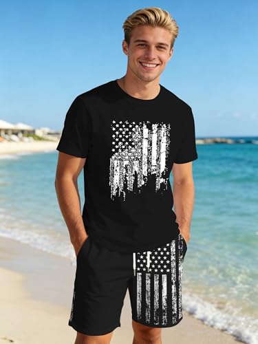 Image of Ithalt Patriotic Shirts for Men 4th of July Outfit 2 Piece Set Short Sleeve and Shorts American Flag 250th Anniversary