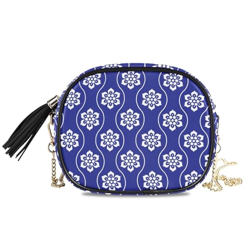Petit sac à bandoulière en PU bleu à pompon pour femme et fille, mini sacoche florale de 19 cm