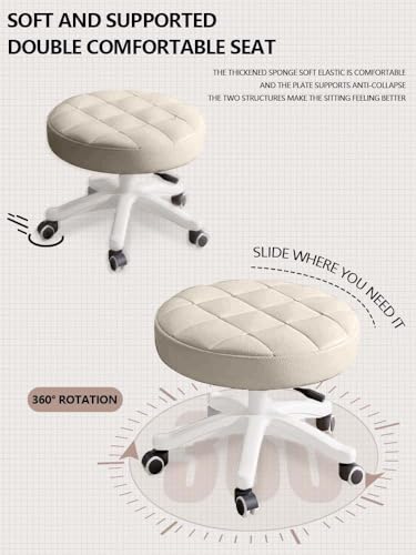 Image of Small Chair Round Rolling Stool with Wheels PU Leather Height Adjustable Swivel Drafting Work SPA Salon Stools Home Office Chair,2 Pack