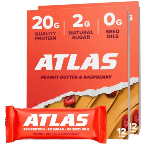 Image of Atlas Real Food Protein Bar - 20g Clean Protein, 2g Sugar, No Seed Oils, No Artificial Sweeteners (Peanut Butter & Raspberry, 24 Count)