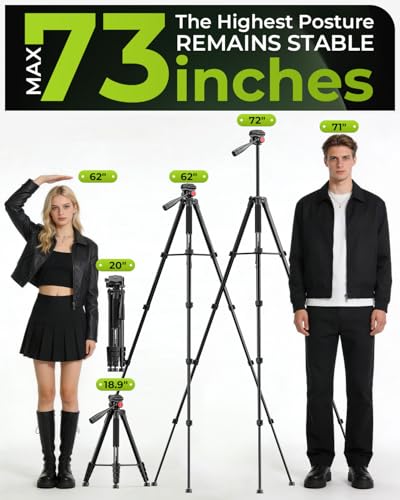 Image of CAMBOFOTO 72 inch Camera Tripod for DSLR and Cell Phone, Pan Head, Aluminum | Portable Tall Tripod Stand with Phone Holder &Quick Release Plate, Compatible with Canon iPhone for Live Video Vlog Recording