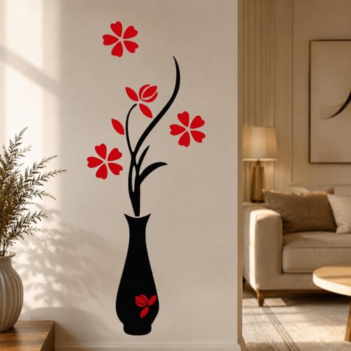 Image of DreamKraft Flower Pots Wall Sticker for Home Decor, Drawing Hall, Living Room Decor (Black & Red, PVC Vinyl)