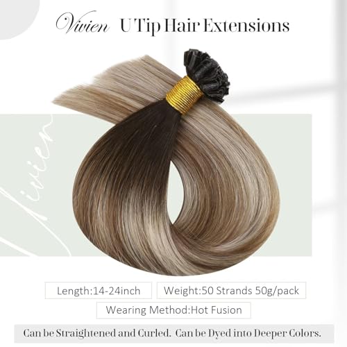 Vivien Balayage U tip Hair Extensions Real Human Hair Dark Brown Ombre Light Brown with Medium Blonde U Tip Hair Extensions Hot Fusion Nail Tip Human Hair Extensions 22 Inch 50g/50s #3/8/24 - Image 2