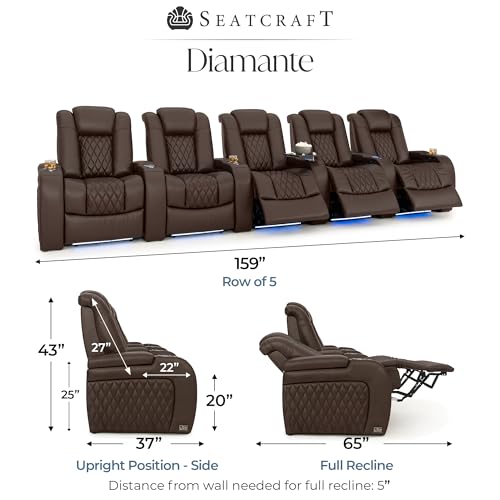 Image of Seatcraft Diamante Brown Italian Leather Home Theater Seating, Zero Gravity Power Recliner Gaming and Home Office Chair, Powered Headrest Lounge Sofa Furniture for Cinema Room, Row of 5