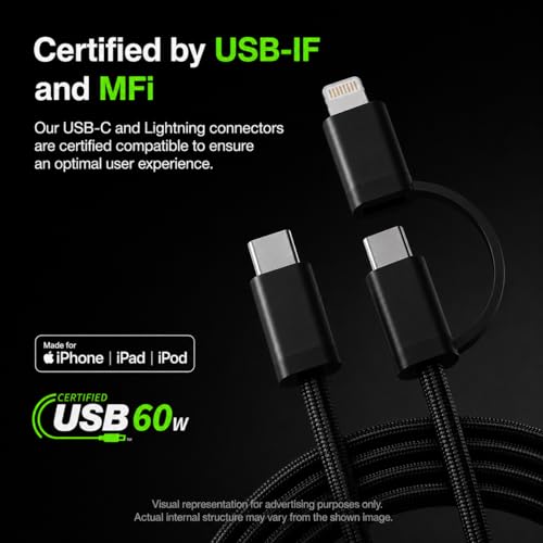 Image of AILKIN 60W 2-in-1 USB C to Lightning & Type C Charging Cable, MFi Certified Fast PD Charger Cord for iPhone 16 /16e /16 Plus /16 Pro Max, 15 /14 /13 /12 /11 Series, iPad, AirPods, USB-C Devices