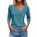 Basic Tops For Woman 3/4 Length Sleeve Button Down Solid Color Plain Oversized Tees Casual Summer Shirt Asymmetric Neck Dressy Blouses For Women Half Sleeves Fashion Fall Outfits Sky Blue XXXL