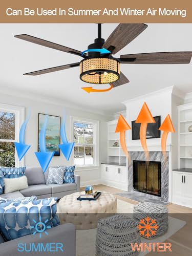 Image of 52 Inch Boho Ceiling Fan with Lights Remote Rattan Caged Chandelier Fan Farmhouse Rustic Fandelier, 5 Dual Blades, Reversible Quiet DC Motor 6 Wind Speeds Timer for Bedroom Patio