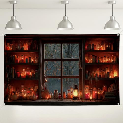 Accogliente sfondo autunnale con finestra lanterne rustiche e barattoli decorazione per fotografie autunnali perfetto per Halloween e feste del Ringraziamento 180 x 109 cm