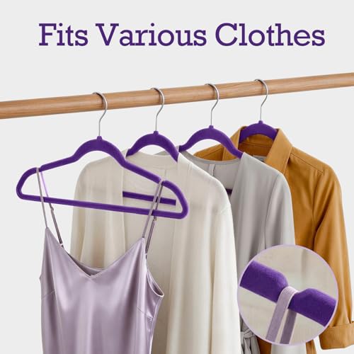 Image of HOUSE DAY Noble-Purple Velvet Hangers 60 Pack, Non Slip Clothes Felt Hanger Heavy Duty for Coat, Premium Slim Space Saving Suit Hangers for Closet Organizer, 360 Rotating Silver Hook