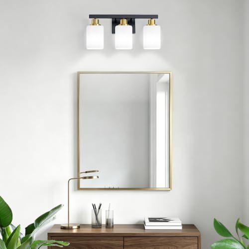 Image of Black and Gold Vanity Light,3-Light Bathroom Light Fixtures,17 inch | Modern Bathroom Light Fixtures with Square Frosted Glass,Wall Sconces Lighting fixtures Over Mirror Restroom, Living Room