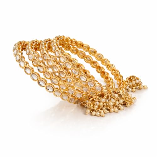 Image of Gold Plated Kundan Bangle Set for Women | Teardrop Stone Bangles with Pearl Beaded Latkan Charm Ethnic Wedding Jewellery | Bangle Set of 4 for Women & Girls