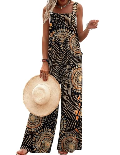 Ekouaer Women's Casual Overalls Loose Wide Leg Jumpsuits Summer Boho Floral Printed Baggy Rompers with Pockets Black Bohemian XL