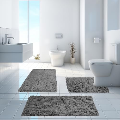 Blancos, BLUEDREAMER Juego de alfombras de baño de 3 Piezas, Juego de Alfombrillas de Chenilla,Alfombrilla de baño Absorbente Antideslizante,Adecuada para...