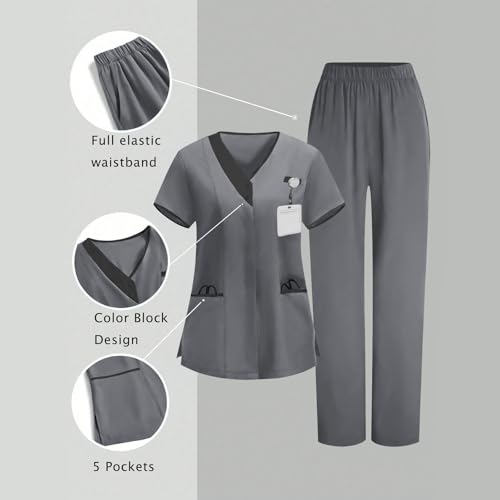 Image of 2026 Scrub for Cleaning Jobs Uniform, Multi Pockets Scrubs for Women Sets, V-Neck Top & Straight Leg Pants Scrubs Set