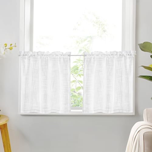Deconovo Bistrogardine Küche Voile Vorhang Transparent Scheibengardinen Kurz Leinenoptik Gardinen Lichtdurchlässig Vorhänge Küchengardinen für Balkontür Wohnwagen, 60x60cm(HöhexBreite), Weiß, 2er Set