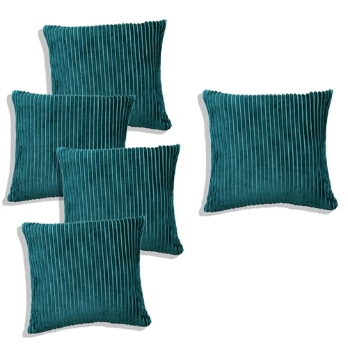 Image of RD TREND Cushion Cover Set of 5, Decorative Sofa Living Room Home Square Cushion Covers 24 Inch x 24 Inch, Aesthetic Corduroy Striped Double Sided (Green,Pack of 5)