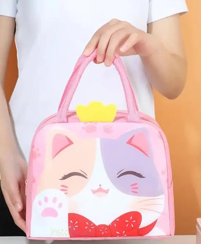 Image of 3D Printed Hot & Cold Leak-Proof Insulated Lunch Bag - Pink Cat Wings Design, Tote Hand-Held Tiffin Bag for Office, School, Kids, Women & Men