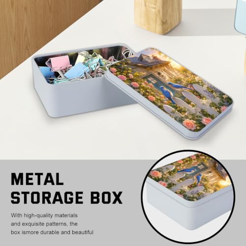 Image of Decorative Metal Tin Box with Lid,Bluebirds Fence Flower Organizer