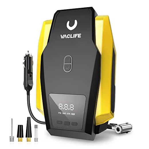VacLife Tire Inflator Portable Air Compressor - Air Pump for Car Tires (up to 50 PSI), 12V DC Tire Pump for Bikes (up to 150 PSI) w/ LED Light, Digital Pressure Gauge, Model: ATJ-1166, Yellow (VL701)
