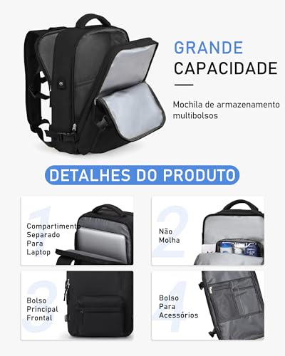Mochila Executiva de Viagem Grande 40L Impermeável com Porta USB, Mochila Compartimento para Noteboo