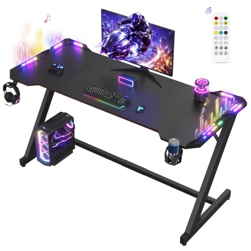 VASAGLE Gaming Tisch, Kohlefaser, RGB Beleuchtung, 100 x 60 x 76 cm – Ansicht 1