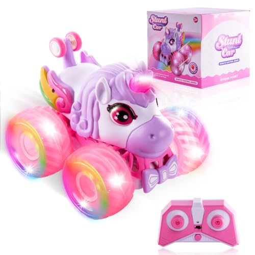 LOYOBOHO Pink RC Car for Girls 2.4GHz 4WD Remote Control Stunt Car with LED Lights & Music 360 Double Sided Off Road RC Toy All Terrain Car Gift for Kids (Unicorn)