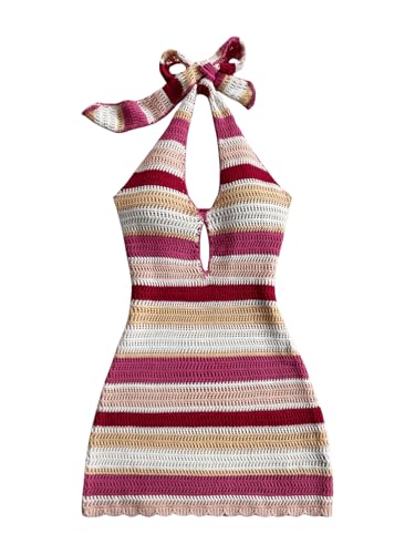 SOLY HUX Women's Striped Bodycon Halter Dress Sleeveless Cut Out Backless Beach Vacation Mini Knit Dresses Multicolor Striped Small