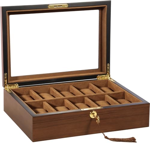 Uten Watch Box 10 Slots, Solid Wood Watch Case, Watch Display Storage Box with Golden Lock and Key, Removable Watch Cushions, Imitation Suede Lining, Gift Idea for Men and Women
