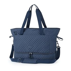 Weekender Overnight Bag, BAGSMART 39L Large Travel Duffle Bag for Women, Quilted Cotton Sports Gym Bag with Shoe Compartment, Carry-on Bag with Multiple Pockets, Machine Washable(Navy Blue)
