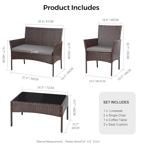 Panana Rattan Garden Furniture Set, 4 Piece Chair Sofa Set with Tempered Glass Table, Cushions Patio balcony Outdoor Conservatory Indoor 3 Panana Rattan Garden Furniture Set, 4 Piece Chair Sofa Set with Tempered Glass Table, Cushions Patio balcony Outdoor Conservatory Indoor - Image 3