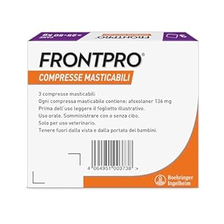 FRONTPRO 3 Compresse Masticabili Antiparassitario per Cani di Peso > 25-50 kg Protegge da Pulci e Zecche, Antipulci in Confezione da 3 Compresse da 136 mg di Afoxolaner, 25kg-50kg