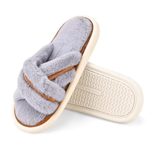 Women's Cross Band Slippers with Cozy Comfy Lining, Plush Warm Furry Open Toe House Shoes, Non-Slip Sole Slippers for Women