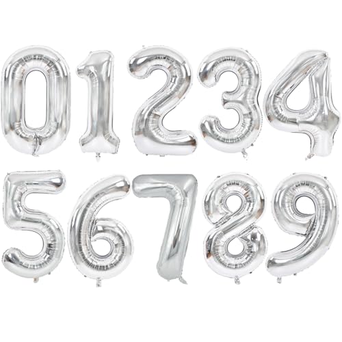 Image of TONIFUL Number Balloon 16 Inch 10 Pcs Silver 0-9 Birthday Number Balloons