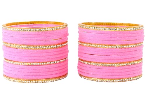 Image of NMII Fancy Glass Golden Zircon Diamond Stone & Velvet Finish Plain Bangles Set For Women & Girls | Glass Velvet Bangles | Kanch ki Chudiyan | Girl's Bangles Bracelet | Fashion Jewellery- Set of 32