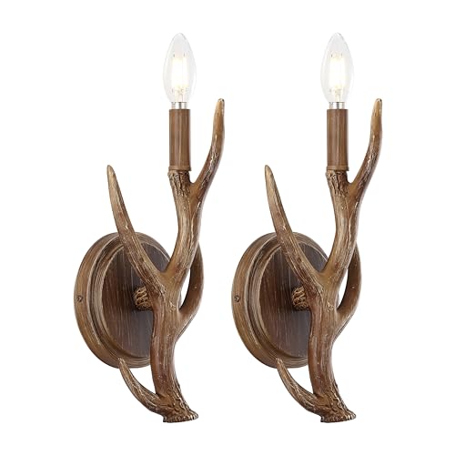 Image of JONATHAN Y 5.5 inch Brown 1-Light Wood Finish Faux Antler LED Vanity Light Set of 2, Rustic Wall Sconces for Bathroom Mirror Hallway, Southwestern Farmhouse Decor, LED Bulbs Included JYL6307A-SET2