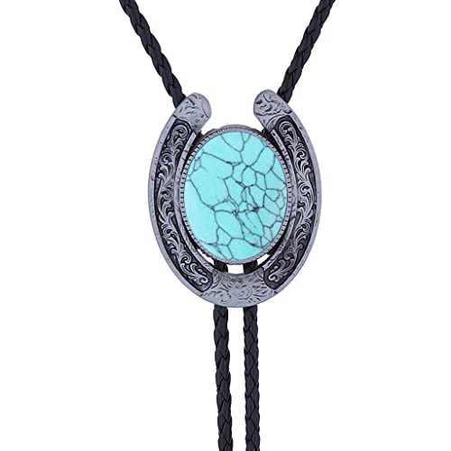 Image of GelConnie Bolo Tie for Men Women Western Cowboy Turquoise Leather Necktie | Natural Stone Bolo Tie Necklace for Women Rodeo Cowboy Leather Necktie Native American Western Cowgirl Ties Adjustable Cord