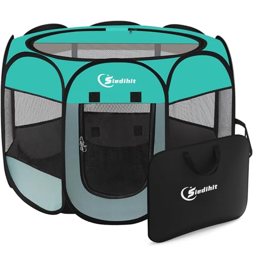 Image of Siedihit Playpen for Small Dog Cat, Dogs Tent Crate Cage Indoor /Outdoor, Portable Pop Up Dog Kennel with Carrying Bag for Rabbits, Removable Top (Green, Small)