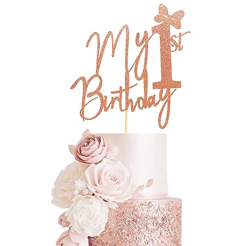 Arthsdite Cake Topper with "My 1st Birthday" Inscription, Miss Onederful Cake Decoration, Baby Girl 1st Birthday, Party Decorations – Rose Gold Glitter