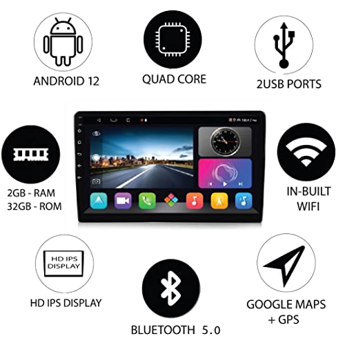 Image of AUTO SNAP 9 Inch Car Stereo Touch Screen HD Double Din Stereo Player 12 Android Version Gorilla Glass IPS Display Front /Rear Camera Support 2GB RAM /32GB ROM