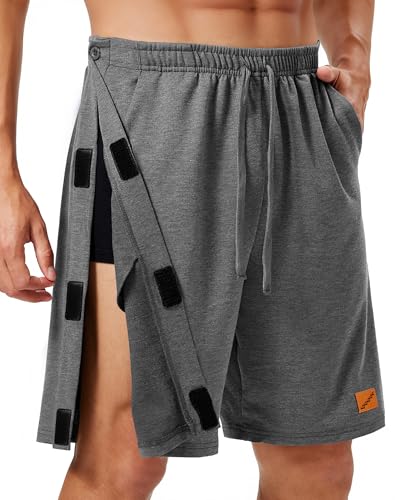 DRYXOVIS Mens Tear Away Shorts Hip/Knee Surgery Recovery Must Haves 8 Cotton Snap Pants Deep Pockets Adaptive for Elderly Dark Grey X-Large