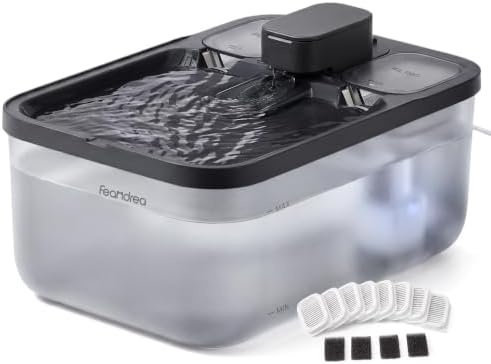 Feandrea Katzenbrunnen, 4,5L Trinkbrunnen für Katzen, 8 Filter, 4 Schwämme | Leiser Haustierbrunnen, Sichtbarer Wasserstand, 28,7 x 19,3 x 17,3 cm, Schwarz PWF002B101