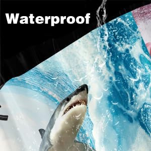 Image of Funny Cat Shower Curtain for Bathroom, Cat Shower Curtains for Boys, Funky Cats Riding Shark Fighting on Blue Ocean Fabric Waterproof Shower Curtain Sets with Hooks,Navy Blue Beach Theme Curtains