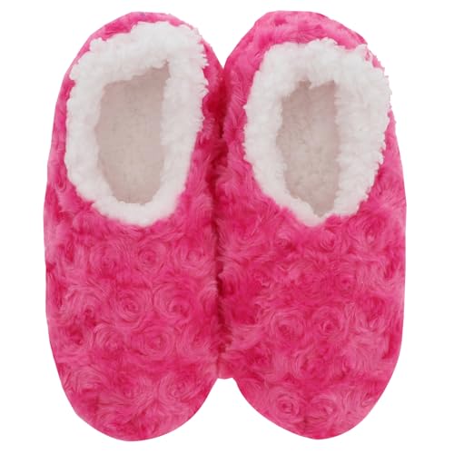 Snoozies! Roses In Bloom Super Soft Sherpa Fleece Womens House Slippers ladies Sizes 3-9 Blue Navy Pink and Violet (Pink UK Footwear Size System Adult Women Alpha Medium Large)