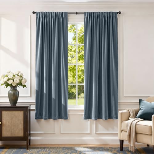 Image of Blackout Dark Slate Velvet Curtains Rod Pocket 52x72 Inch 2 Panels | Soft Velvet, For Small Windows, Kitchens & Bathrooms, Light Shifting Texture, Elegant Drape, Serene, Fresh
